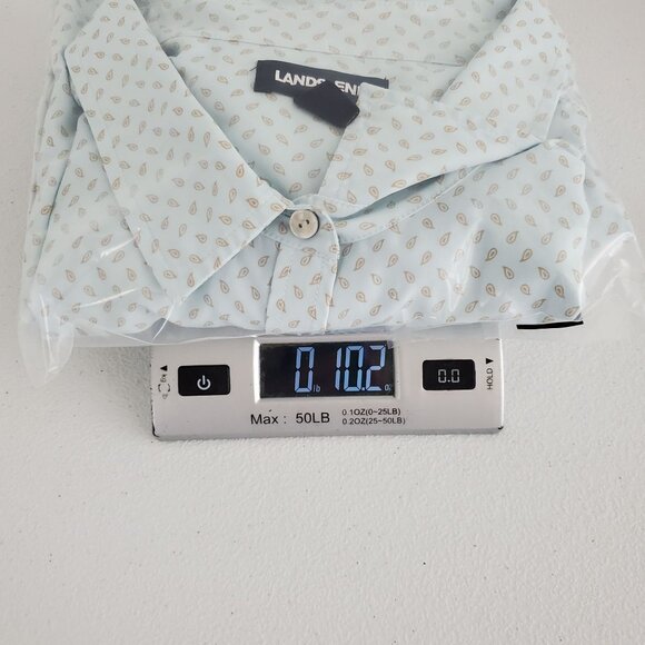 Lands End Womens Light Blue Geometric Button Front Blouse Pockets Career Stretch - Picture 8 of 9